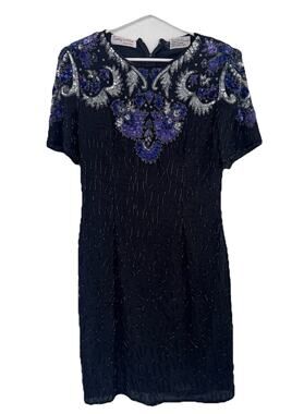 Vintage Silky Nites NY Black Sequin Beaded Dress Holiday Cocktail 100% Silk M